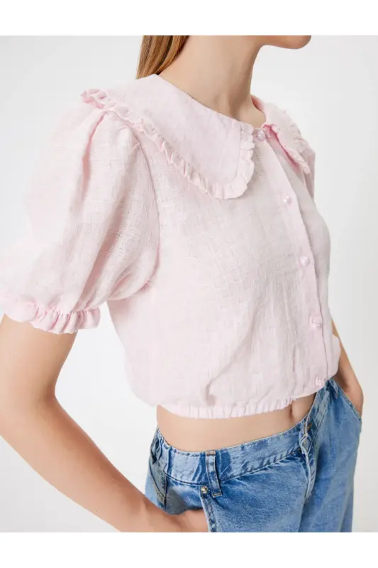 Balon Kol Crop Bluz Geniş Bebe Yaka Düğmeli Pamuklu-Gül - 5