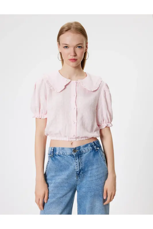 Balon Kol Crop Bluz Geniş Bebe Yaka Düğmeli Pamuklu-Gül - 3