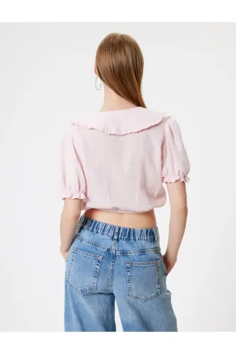 Balon Kol Crop Bluz Geniş Bebe Yaka Düğmeli Pamuklu - Gül - 4