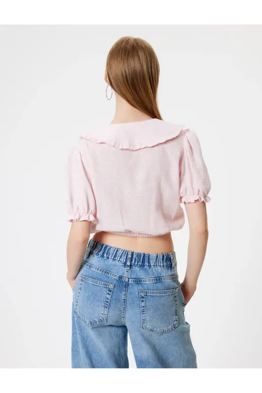 Balon Kol Crop Bluz Geniş Bebe Yaka Düğmeli Pamuklu - Gül - 4