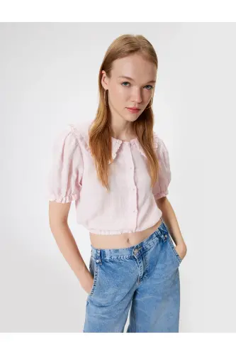 Balon Kol Crop Bluz Geniş Bebe Yaka Düğmeli Pamuklu - Gül 