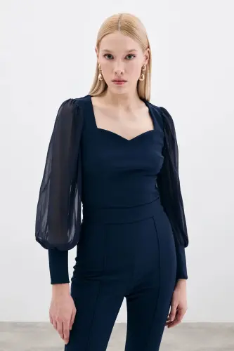 Balon Kol Crop Bluz - LACİVERT-LACİVERT - 1