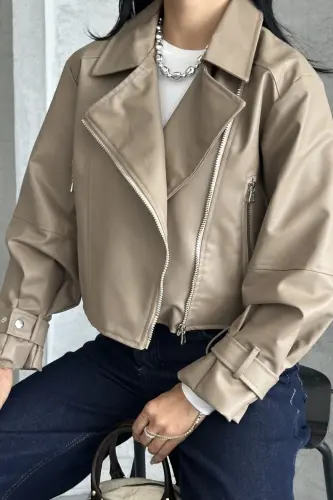 Balon Kol Deri Ceket-Bej - 1