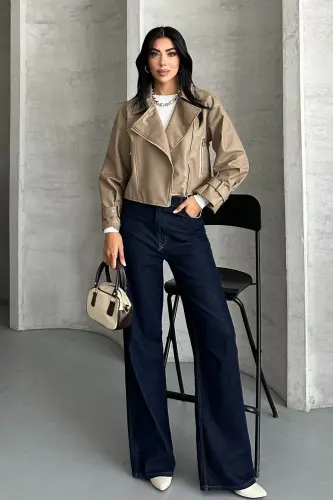 Balon Kol Deri Ceket-Bej - 3