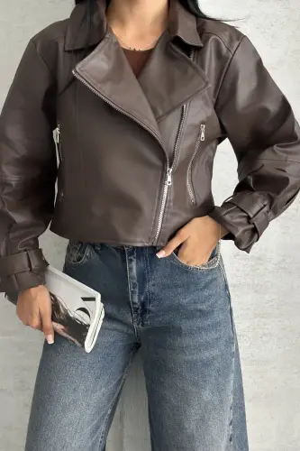 Balon Kol Deri Ceket-Kahverengi 