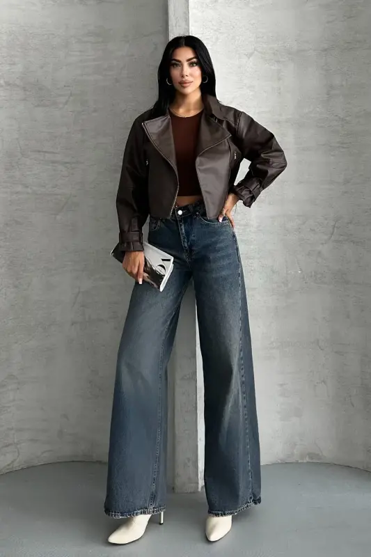 Balon Kol Deri Ceket-Kahverengi - 3