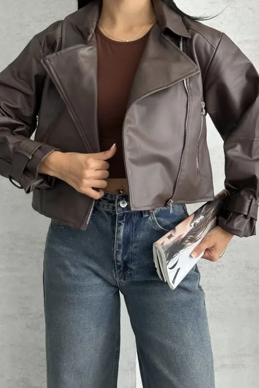 Balon Kol Deri Ceket-Kahverengi - 2