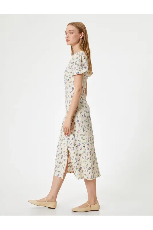 Kleid mit Ballonärmeln, Midi-Blumenmuster, A-Linie, quadratischer Ausschnitt und Schlitz - Flieder gemustert - 1