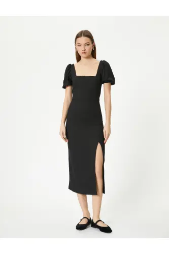 Balon Kol Elbise Midi Yırtmaç Detaylı Kısa Kollu Slim Fit Bürümcük - Siyah - 3