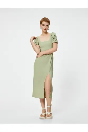 Balon Kol Elbise Midi Yırtmaç Detaylı Kısa Kollu Slim Fit Bürümcük - Yeşil 