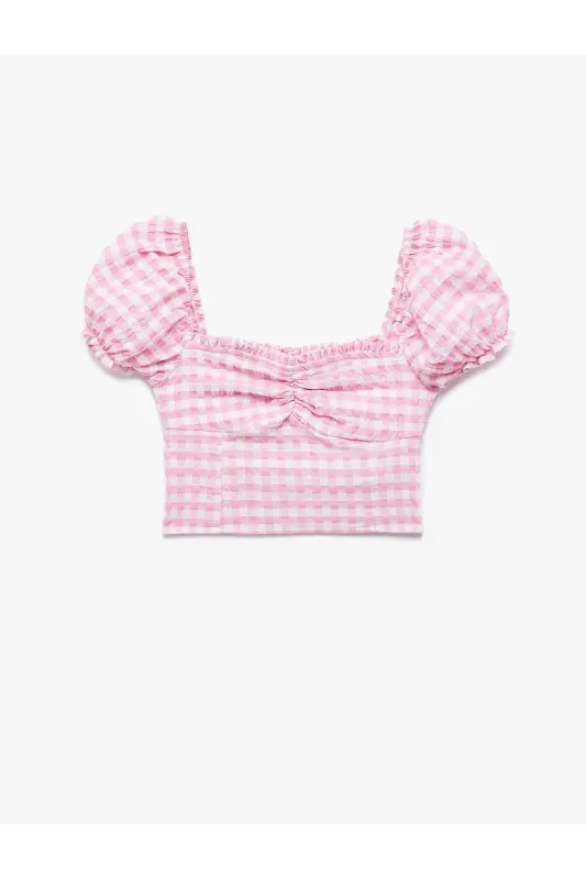 Balon Kol Fırfırlı Yaka Gipeli Pötikareli Crop Bluz - Pembe Ekoseli - 4