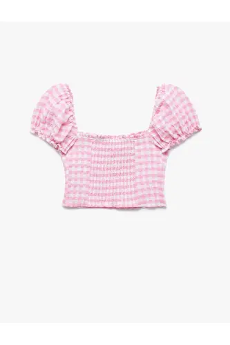Balon Kol Fırfırlı Yaka Gipeli Pötikareli Crop Bluz - Pembe Ekoseli - 5