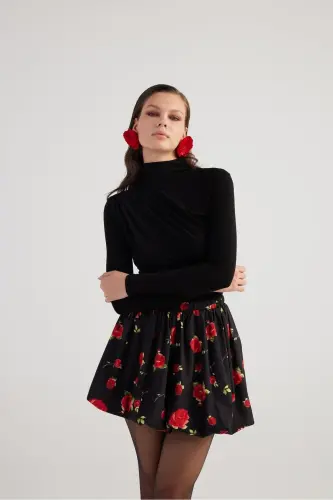 Balon Model Gül Desenli Mini Donna Etek Siyah - Siyah - 4