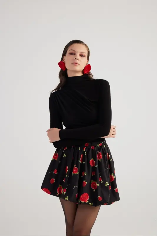 Balon Model Gül Desenli Mini Donna Etek Siyah - Siyah - 4