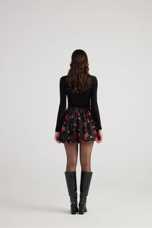 Balon Model Gul Desenli Mini Donna Yubka Qora - 11