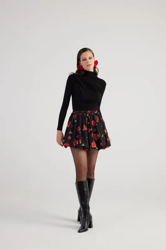 Balon Model Gul Desenli Mini Donna Yubka Qora - 13