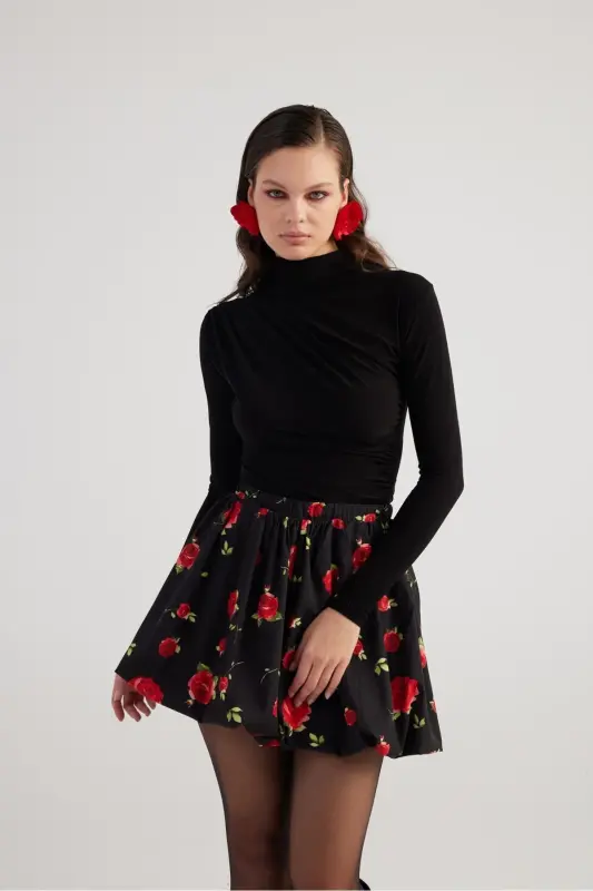 Balon Model Gul Desenli Mini Donna Yubka Qora - 3
