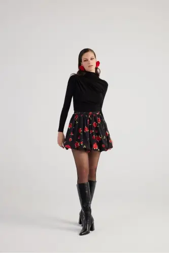 Balon Model Gul Desenli Mini Donna Yubka Qora - 7
