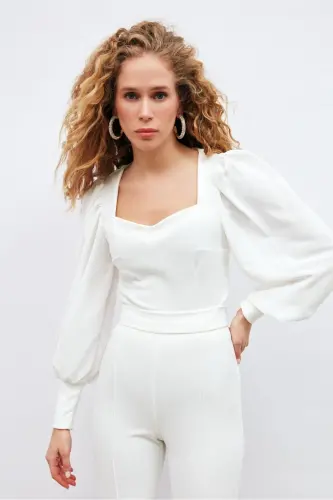 Balon yengli qisqa bluzka - Oqish-oq - 2