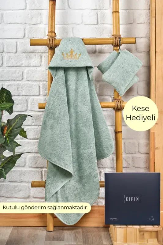 Bamboo Crown Embroidered Baby Towel Swaddle and Pouch Set in Special Box - Baby Blue - EIFIN