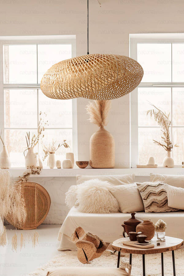 Bamboo Ellipse Pendant Chandelier Lamp, 80cm - Scandinavian, Modern, Bohemian, Rattan Lighting - 2