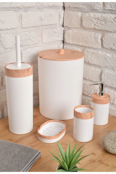 Bamboo Patterned 5-Piece Bathroom Set Trash Can Liquid Soap Dispenser Toothbrush Holder Bathroom Set White - BERSACHEF (1)