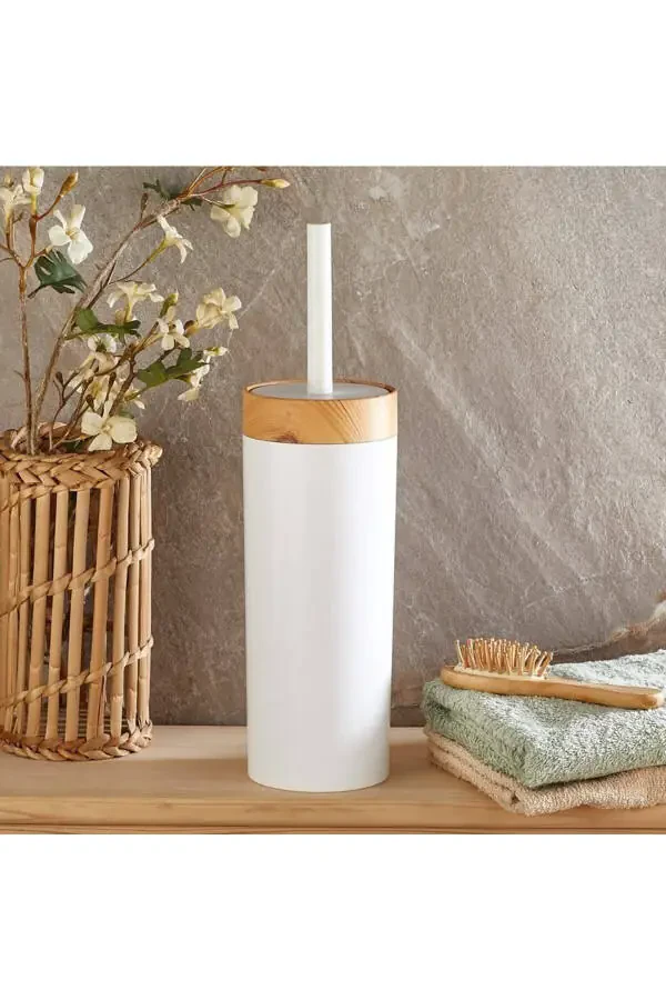 Bamboo Patterned 5-Piece Bathroom Set Trash Can Liquid Soap Dispenser Toothbrush Holder Bathroom Set White - 6