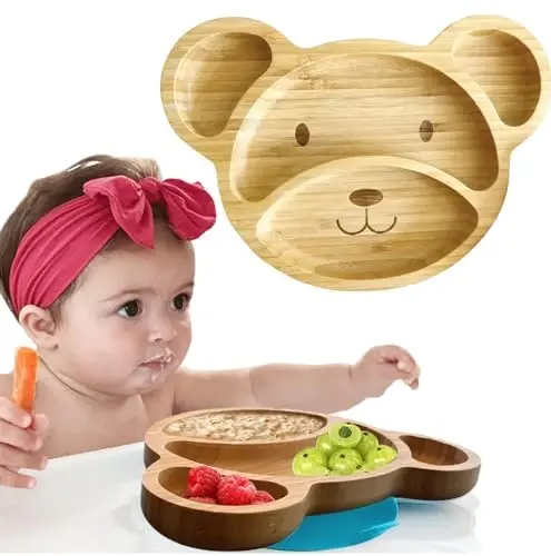 Bamboo Plates For Kids - Baby and Toddler Bamboo Suction Plate for Babies Feeding and Weaning, Promotes Self-Feeding with Eco-Friendly Sturdy Bear Design, Suction Plates for Busy Moms & Dads, Blue - BAMBOO