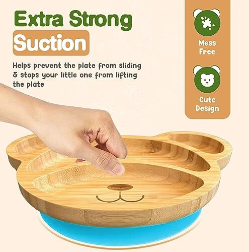 Bamboo Plates For Kids - Baby and Toddler Bamboo Suction Plate for Babies Feeding and Weaning, Promotes Self-Feeding with Eco-Friendly Sturdy Bear Design, Suction Plates for Busy Moms & Dads, Blue - MODAZONE
