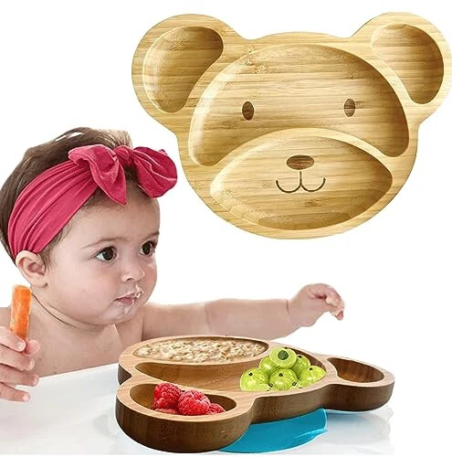 Bamboo Plates For Kids - Baby and Toddler Bamboo Suction Plate for Babies Feeding and Weaning, Promotes Self-Feeding with Eco-Friendly Sturdy Bear Design, Suction Plates for Busy Moms & Dads, Blue - MODAZONE (1)
