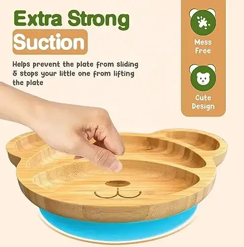 Bamboo Plates for Kids - Baby & Toddler Plates with Suction for Feeding & Weaning, Eco-Friendly Bear Design Promotes Self-Feeding, Ideal for Busy Moms & Dads, Sturdy & BPA-Free (Blue) - MODAZONE (1)