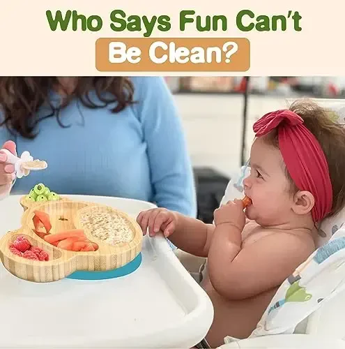 Bamboo Plates for Kids - Baby & Toddler Plates with Suction for Feeding & Weaning, Eco-Friendly Bear Design Promotes Self-Feeding, Ideal for Busy Moms & Dads, Sturdy & BPA-Free (Blue) - 6