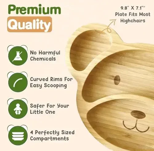 Bamboo Plates for Kids - Baby & Toddler Plates with Suction for Feeding & Weaning, Eco-Friendly Bear Design Promotes Self-Feeding, Ideal for Busy Moms & Dads, Sturdy & BPA-Free (Mint) - 3
