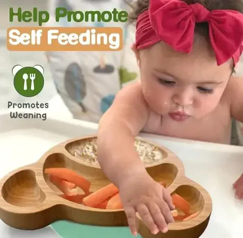 Bamboo Plates for Kids - Baby & Toddler Plates with Suction for Feeding & Weaning, Eco-Friendly Bear Design Promotes Self-Feeding, Ideal for Busy Moms & Dads, Sturdy & BPA-Free (Mint) - 4
