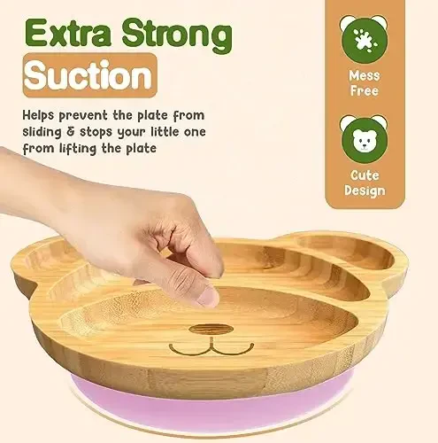 Bamboo Plates for Kids - Baby & Toddler Plates with Suction for Feeding & Weaning, Eco-Friendly Bear Design Promotes Self-Feeding, Ideal for Busy Moms & Dads, Sturdy & BPA-Free (Pink) - 2