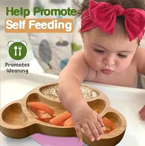 Bamboo Plates for Kids - Baby & Toddler Plates with Suction for Feeding & Weaning, Eco-Friendly Bear Design Promotes Self-Feeding, Ideal for Busy Moms & Dads, Sturdy & BPA-Free (Pink) - 4