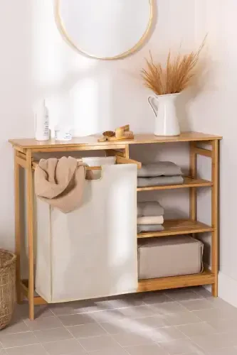 Bambu 3 Raflı 1 Bölmeli Kirli Sepetli Banyo Düzenleyici - 5