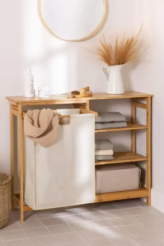 Bambu 3 Raflı 1 Bölmeli Kirli Sepetli Banyo Düzenleyici - 5