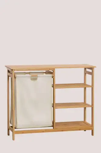 Bambu 3 Raflı 1 Bölmeli Kirli Sepetli Banyo Düzenleyici Çamaşır Sepeti Organizer DB-0008 - 6