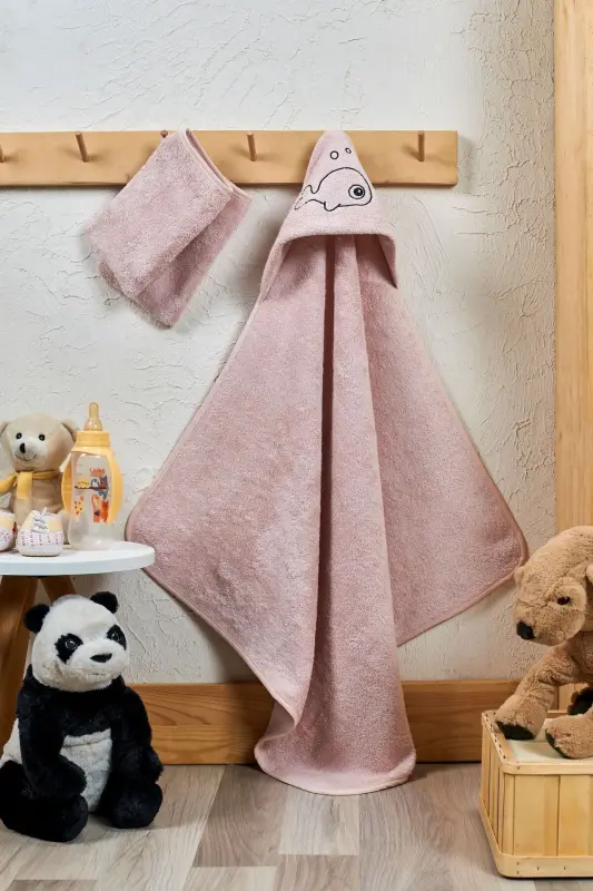 Bambu Balık Nakışlı Bebek Havlu Kundak Ve Kese Seti-PEMBE - 6
