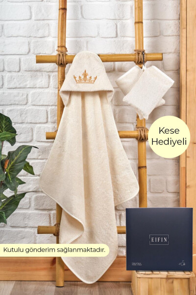 Bambu Taç Nakışlı Özel Kutusunda Bebek Havlu Kundak Ve Kese Seti-EKRU - EIFIN