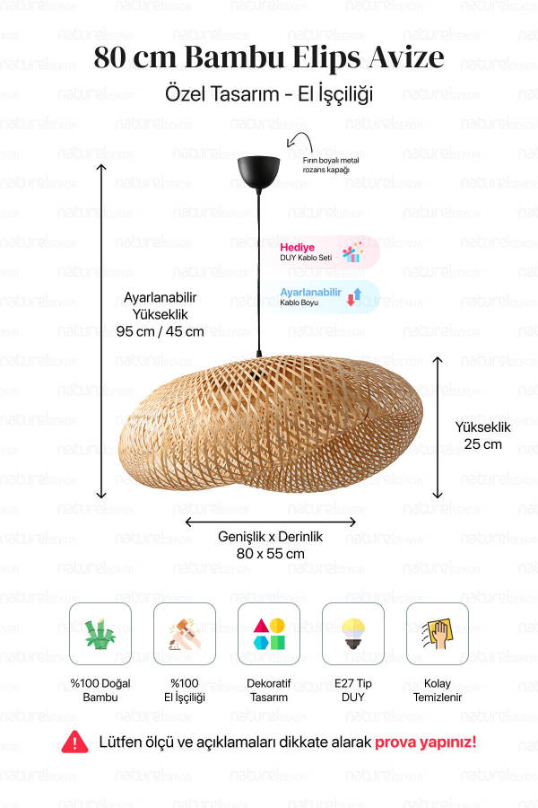 Bambuk Ellips Osilib Turadigan Chiroq, 80sm - Skandinaviya, Zamonaviy, Bohem, Ratton Yoritish - 5