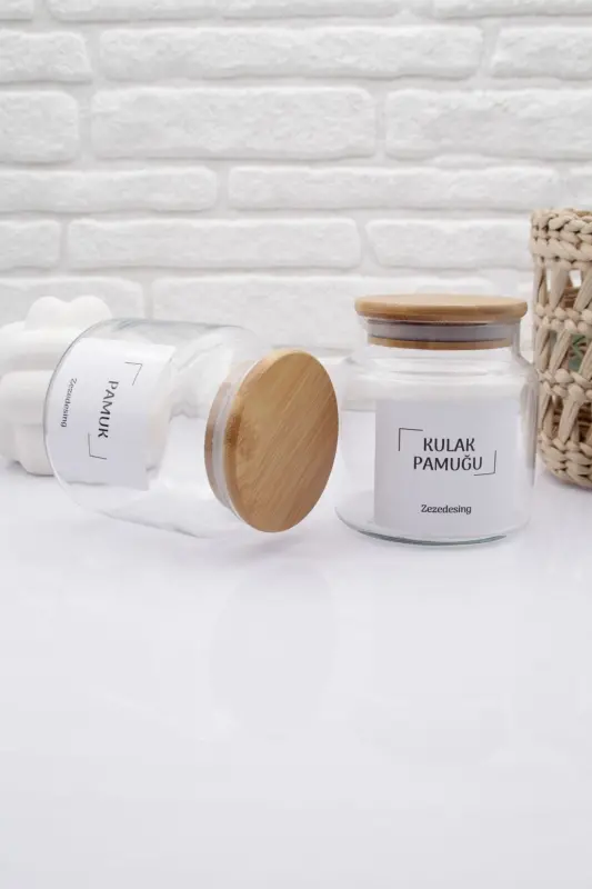 Bambuk Qopqoqli Shisha Quloq Paxta va Paxta Idish 500ml - 5