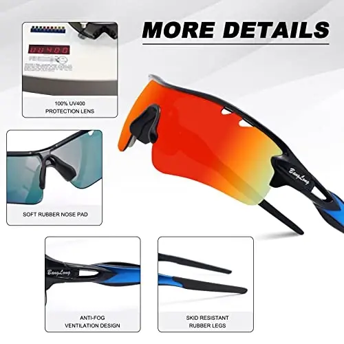 BangLong Polarized Sports Sunglasses Cycling Sun Glasses for Men Women with 5 Interchangeable Lenes for Running Baseball Golf - 4
