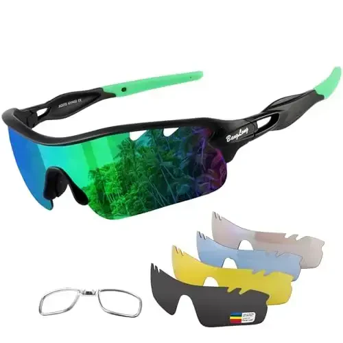 BangLong Polarized Sports Sunglasses Cycling Sun Glasses for Men Women with 5 Interchangeable Lenes for Running Baseball Golf 