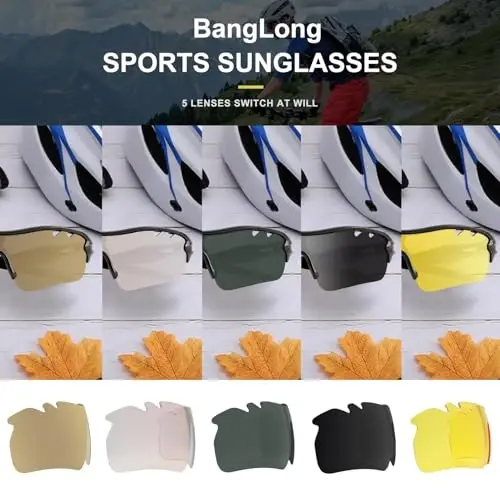 BangLong Polarized Sports Sunglasses Cycling Sun Glasses for Men Women with 5 Interchangeable Lenes for Running Baseball Golf 