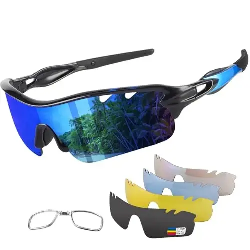 BangLong Polarized Sports Sunglasses Cycling Sun Glasses for Men Women with 5 Interchangeable Lenes for Running Baseball Golf 