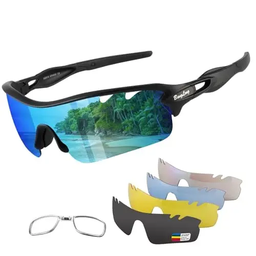 BangLong Polarized Sports Sunglasses Cycling Sun Glasses for Men Women with 5 Interchangeable Lenes for Running Baseball Golf 