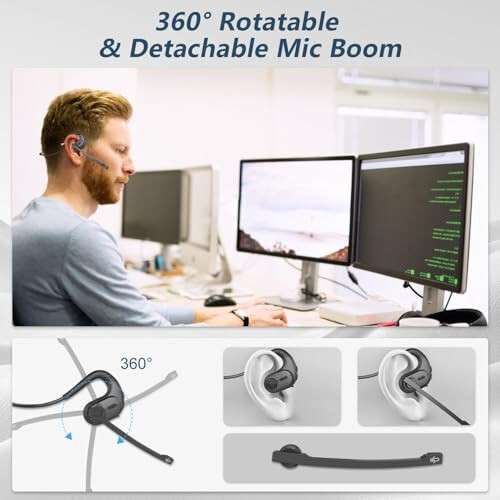 BANIGIPA Bluetooth Headset with Removable Microphone, Noise Cancelling Wireless Headset for Phones Laptop Computer PC, Open Ear Headphones for Office Meeting Running Cycling Driving Working-12 Hrs - 3