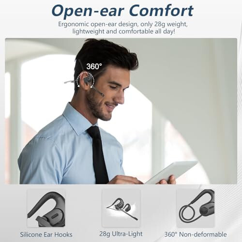 BANIGIPA Bluetooth Headset with Removable Microphone, Noise Cancelling Wireless Headset for Phones Laptop Computer PC, Open Ear Headphones for Office Meeting Running Cycling Driving Working-12 Hrs - BANIGIPA